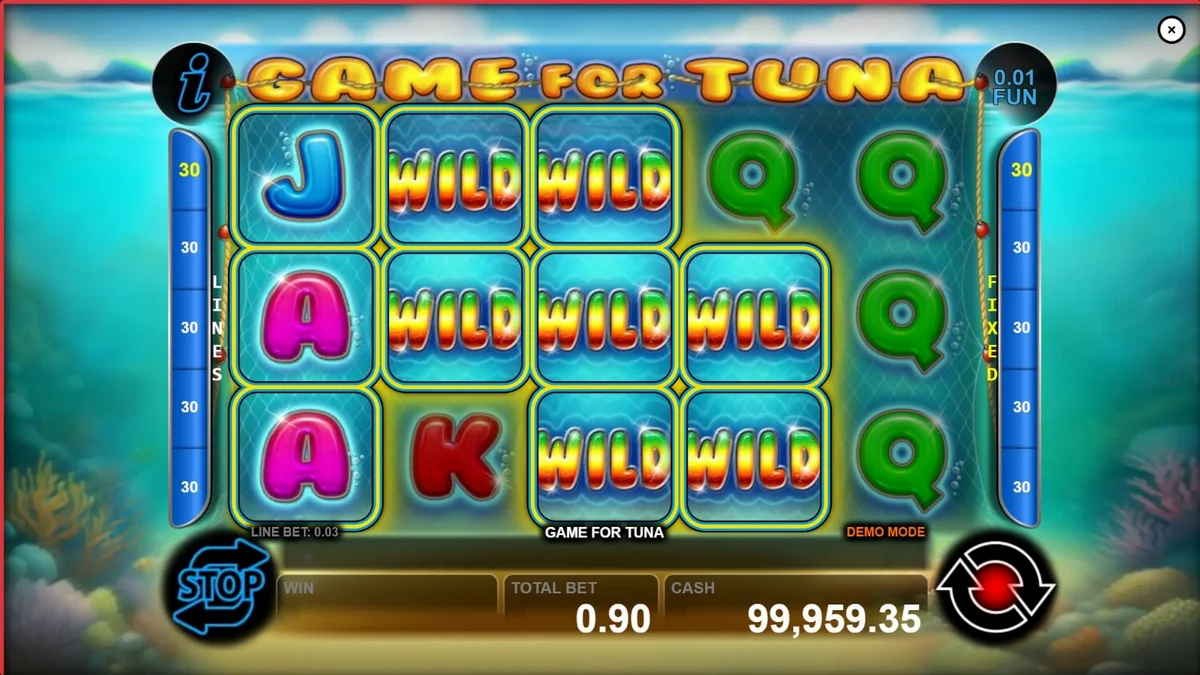 Visual bawah air yang memukau dalam slot Game For Tuna dengan simbol tuna dan nelayan