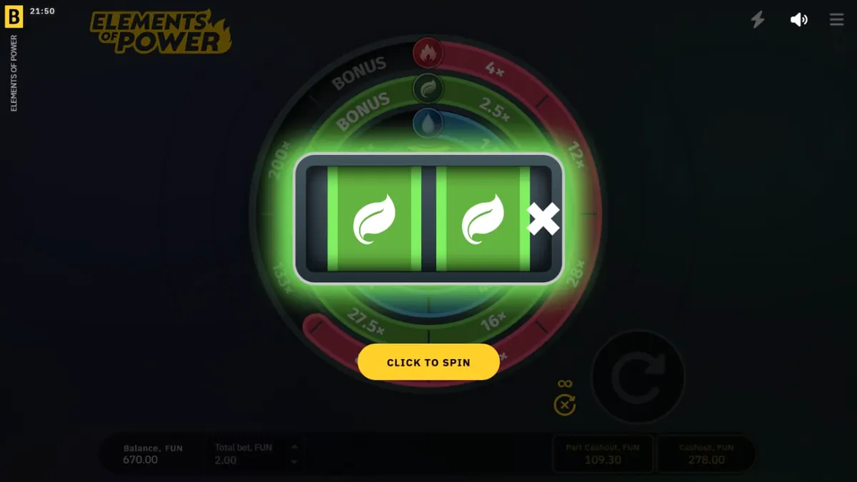 Tampilan antarmuka permainan slot Elements of Power dengan elemen alam yang bersinar